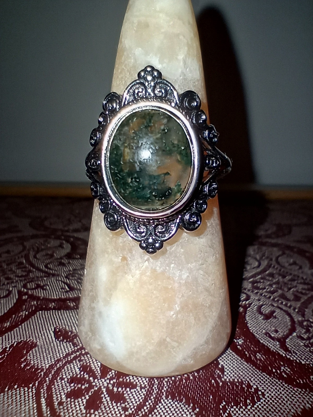 Ornate Stainless Steel with Green Moss Agate Cabochon